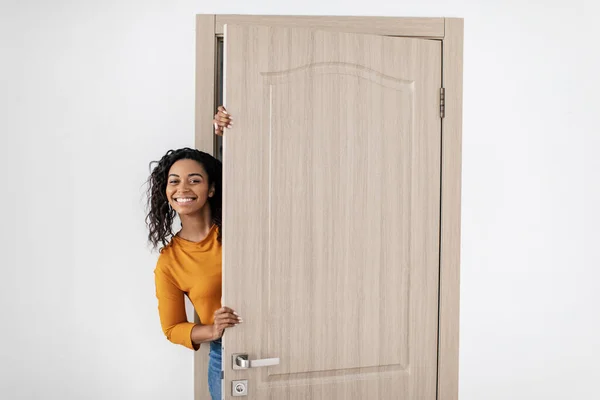Happy Black Female Opening Door Apartment Smiling Looking Camera Entering — Foto de Stock