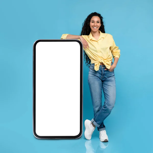 Full Length Positive Young Woman Leaning Big Cellphone Mockup Design — Photo