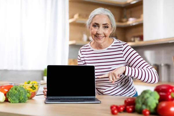 Happy Senior Woman Pointing At Blank Laptop Screen In Kitchen, Smiling Elderly Female Recommending Website With Online Recipes, Enjoying Cooking Healthy Food At Home, Mockup, Copy Space