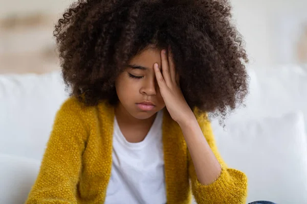 Unhappy African American Child Preteen Girl Cute Bushy Hair Sitting — Stock Fotó