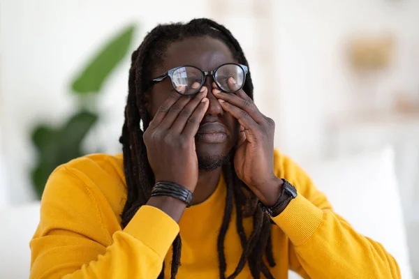 Portrait Tired Young Black Man Rubbing Eyes Eyeglasses Exhausted African — Foto de Stock
