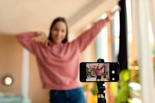 Modern Content Creator Excited Teen Girl Filming Video Blog Social — Photo