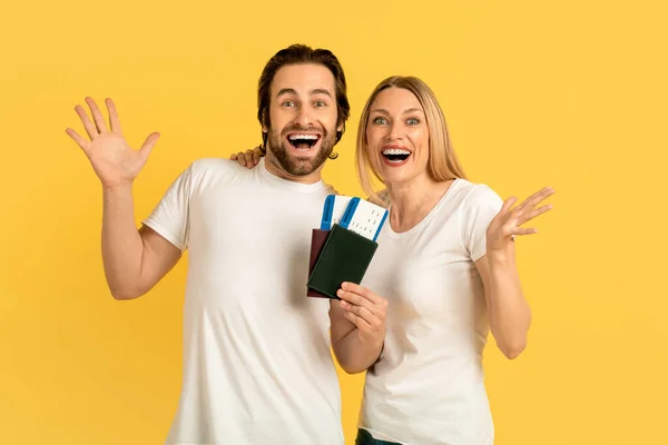 Glad Happy Excited Millennial Caucasian Man Lady White Shirts Open — Foto de Stock