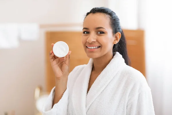 Facial Skincare Cheerful Lady Showing Opened Moisturizer Cream Jar Smiling — Stok Foto