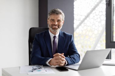 Portrait Of Handsome Smiling Middle Aged Businessman Sitting At Workplace In Office And Looking At Camera, Successful Male Entrepreneur Working At Desk With Laptop Computer, Copy Space