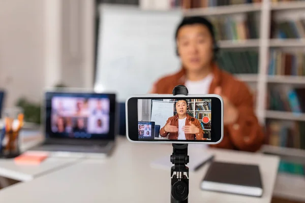 Teaching Asian Male Tutor Making Video Call Teaching Online Taking — ストック写真