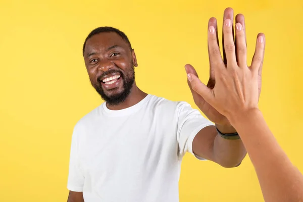 Happy African American Man Giving High Five Female Hand Smiling — 스톡 사진