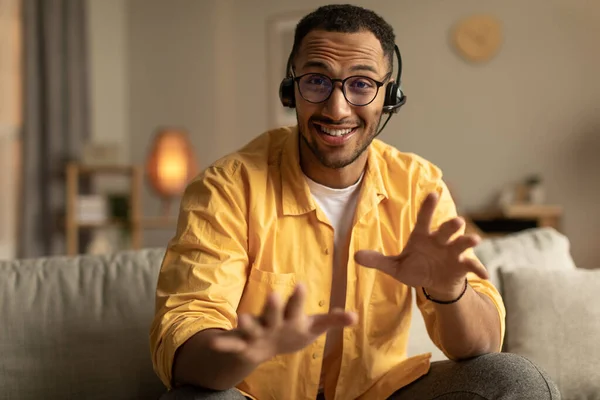 Portrait Positive Young African American Guy Headphones Video Conferencing Online — Stockfoto