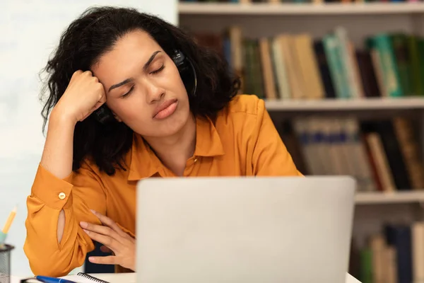 Tired Mixed Race Female Student Sleeping Table Front Laptop Computer — Foto de Stock