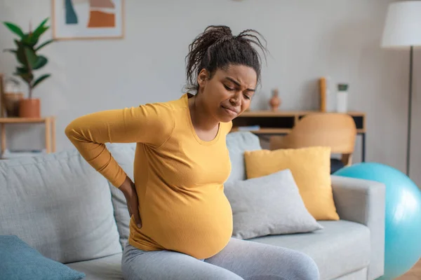 Sad Young Pregnant African American Lady Big Belly Suffering Back — Foto de Stock