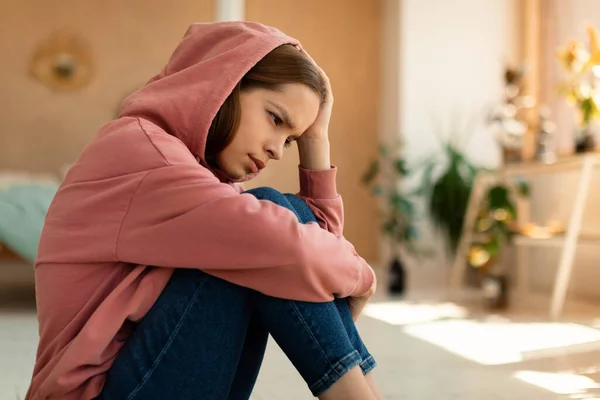 Portrait Upset Teen Girl Feeling Upset Depressed Looking Away Wearing — Stockfoto