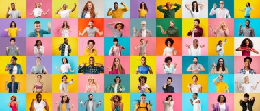 Happy emotional excited young and adult different guys and women gesticulate, laugh and show signs with hands isolated on colorful background, studio. Idea, joy, fun, success and win, copy space
