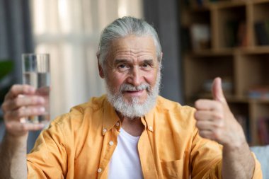 Happy handsome grey-haired bearded senior man grandfather holding glass of water and showing thumb up, sitting on couch, drinking fresh water, home interior. Hydration, healthy lifestyle concept