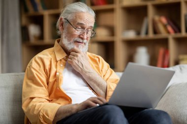 Cheerful handsome senior man sitting on couch at home, using modern laptop, checking social media while chilling alone at weekend, looking at screen, smiling, wearing eyeglasses. Leisure and gadgets