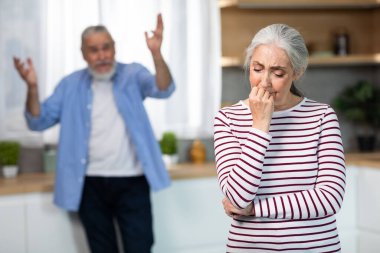 Psychological Abuse. Upset Senior Woman Crying In Kitchen While Arguing With Husband, Elderly Spouses Suffering Marital Crisis, Angry Man Standing On Background And Blaming Wife, Selective Focus