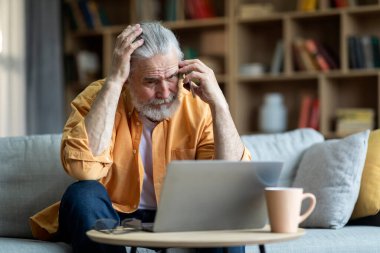 Upset handsome elderly man with beard businessman sitting on couch, using modern laptop and having phone conversation with assistant, touching his head, working from home, having problems, copy space