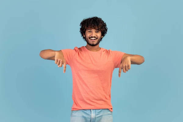 Happy Young Indian Man Casual Outfit Pointing Both Hands Smiling — Stok fotoğraf