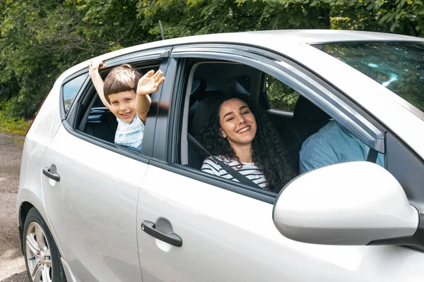 Happy Cheerful Millennial Arab Family Boy Vacation Car Summer Kid — Stok fotoğraf