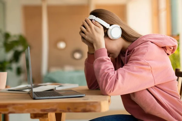 Tired Upset Teen Girl Holding Head Hands While Studying Online — Foto de Stock