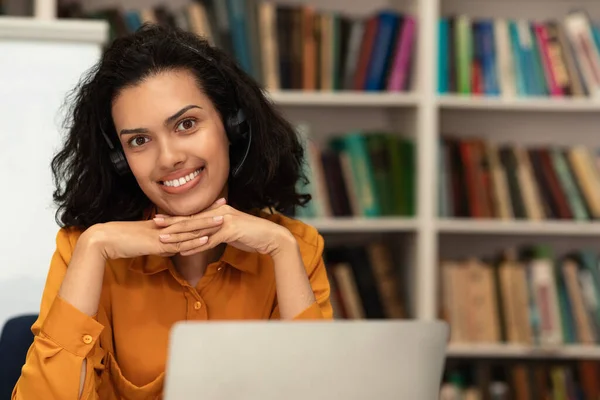 Portrait Cheerful Mixed Race Female Teacher Sitting Front Laptop Smiling — Stockfoto