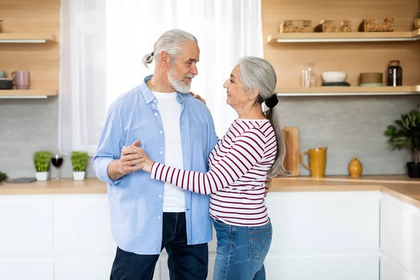 Portrait Romantic Senior Couple Dancing Together Kitchen Interior Happy Elderly — Stok fotoğraf