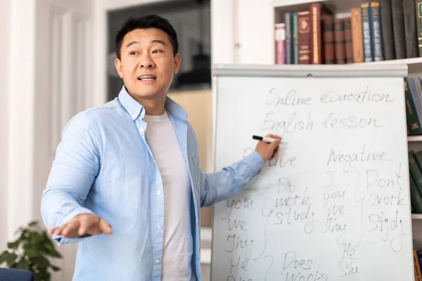 Asian Teacher Man Teaching Having Class Writing Blackboard English Grammar — стоковое фото