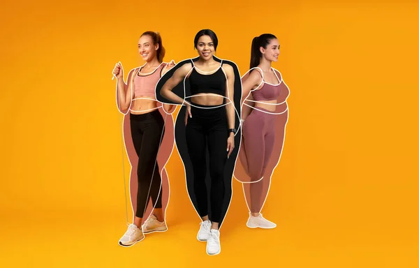 Cheerful Slender European Arab Black Young Women Athletes Sportswear Overweight — Zdjęcie stockowe