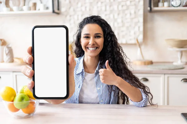 Online Offer Joyful Young Woman Sitting Kitchen Showing Big Blank — Stock Fotó