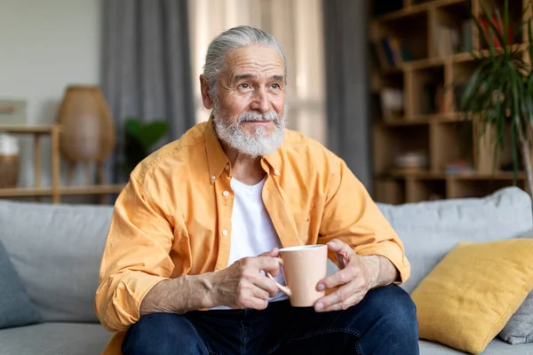 Happy Grey Haired Bearded Senior Man Stylish Casual Outfit Drinking — Stock Photo, Image