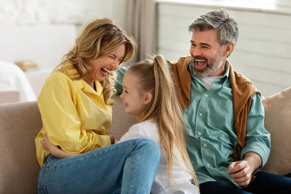 Family Having Fun Playing Tickling Each Other Home Joyful Middle — Fotografia de Stock