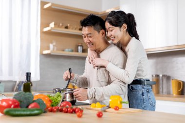 Happy young asian lady hugging her spouse cooking dinner, cheerful chinese husband and wife preparing healthy meal together at home, cozy kitchen interior, side view, copy space