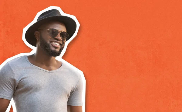 Happy Stylish Bearded Millennial Black Guy Posing Alone Orange Studio —  Fotos de Stock