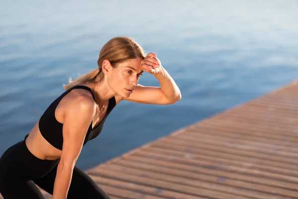 Portrait Exhausted Sporty Lady Catching Breath Outdoor Training Tired Female — Foto de Stock