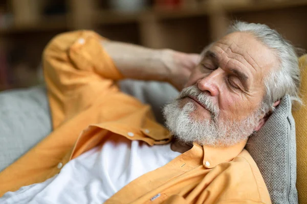 Closeup Photo Sleeping Senior Man Long Beard Peaceful Grandfather Resting — Stock Photo, Image