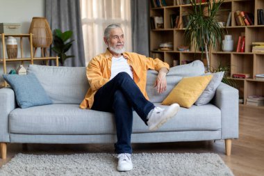 Relaxed stylish grey-haired elderly man in homewear with long beard and hair chilling on couch at home, looking at copy space, living room interior. Entertainment for senior people concept