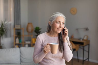 Glad calm caucasian old gray-haired lady with cup of drink speaks by phone in living room interior. Communication remote in free time at cozy home, technology and peace during covid-19 quarantine