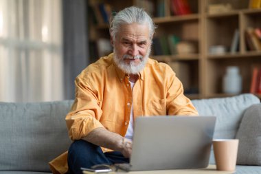 Positive bearded grey-haired senior man freelancer working from home, sitting on couch, using laptop, drinking coffee, looking at screen and smiling, copy space. Job opportunities for elderly people