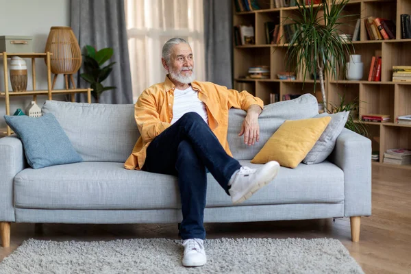 Relaxed Stylish Grey Haired Elderly Man Homewear Long Beard Hair — Stok fotoğraf
