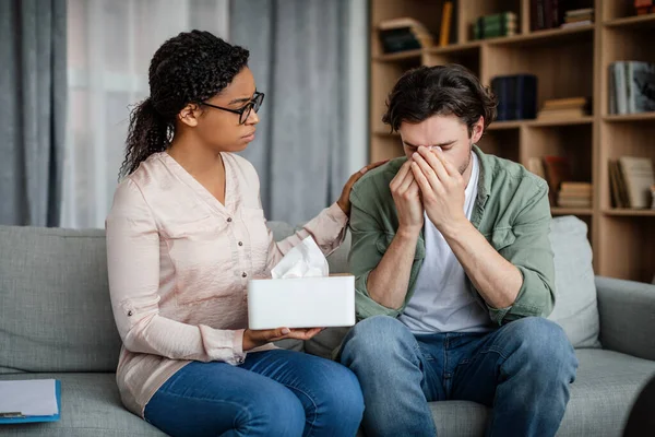 Serious Millennial Black Female Psychologist Glasses Calms Sad Depressed European — Zdjęcie stockowe