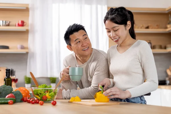 Loving Asian Young Woman Wife Preparing Delicious Healthy Meal Her — Photo