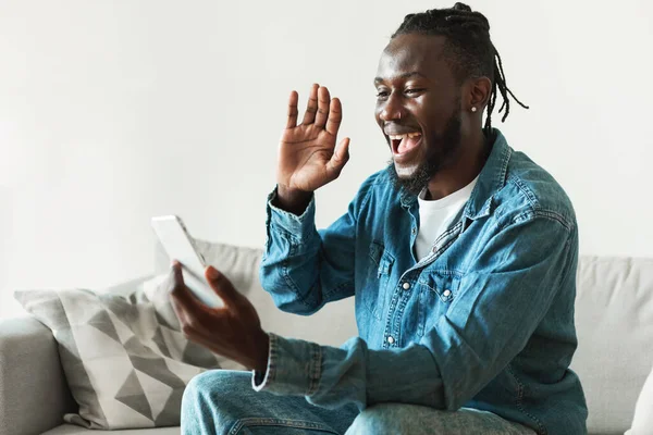 Joyful Black Man Making Video Call Smartphone Waving Hand Phone — Foto de Stock