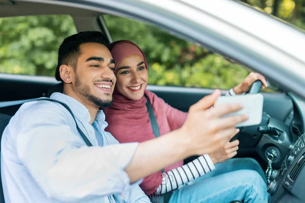 Cheerful Glad Millennial Arab Man Woman Hijab Enjoy Journey New — Stockfoto