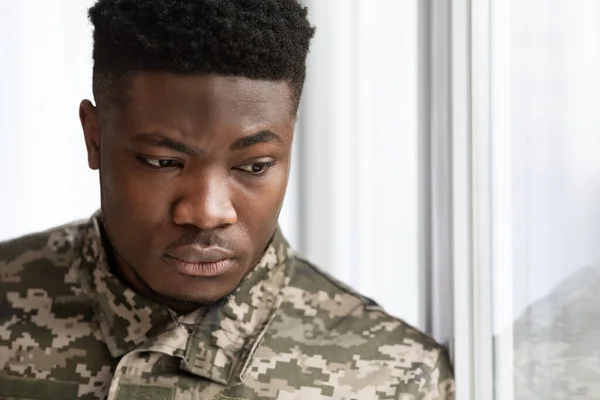 Unhappy Young Military Black Man Standing Next Window Looking Thinking — ストック写真