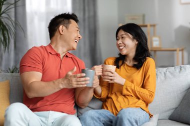 Positive korean lovers happy man and woman in casual outfits sitting on sofa in cozy living room, drinking tea or coffee together, having conversation, looking at each other and laughing