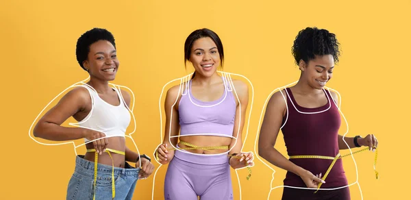 Smiling African American Young Females Overweight Ladies Drawn Checking Waist — Stock fotografie