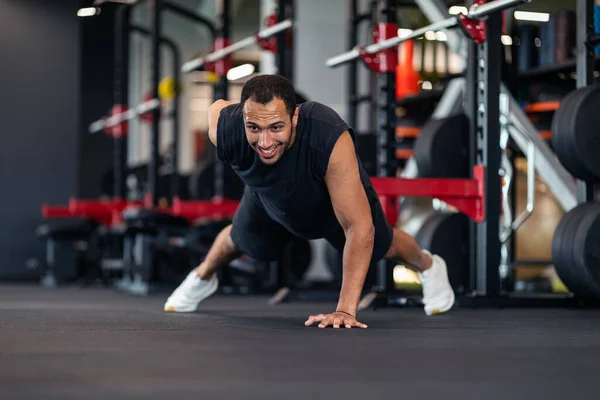 Motivated Black Male Athlete Making Push Exercise One Hand Strong — Stok fotoğraf