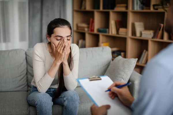 Cropped Millennial Caucasian Male Psychologist Listens Crying Despaired Female Patient — Zdjęcie stockowe