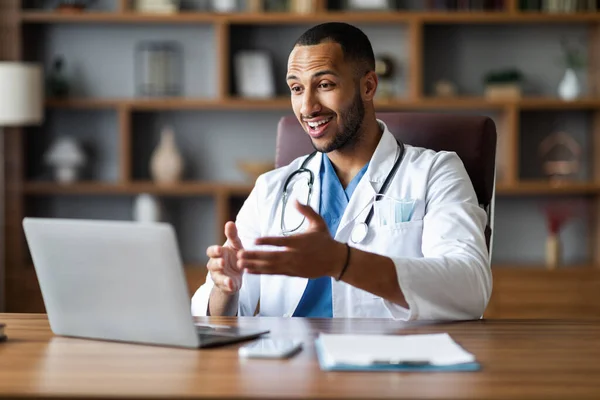 Handsome Young Black Man Workwear Doctor Working Computer Clinic Looking —  Fotos de Stock