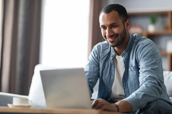Remote Office Portrait Handsome Black Guy Working Laptop Home Smiling — Stockfoto