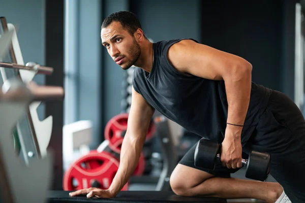 Handsome Black Male Athlete Training Dumbbell Modern Gym Interior Young — Stockfoto